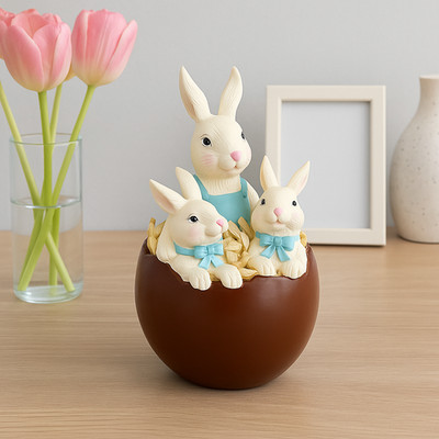 Bunny Family Easter Figurine in Chocolate Egg Spring Tabletop Decor Ornament