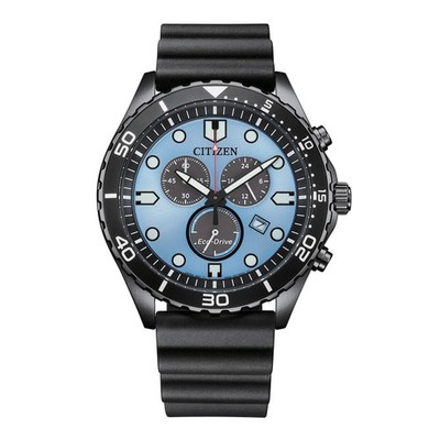 Citizen AT2567-18L Men Eco-Drive Weekender Chronograph Black Steel Blue Dial