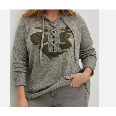 Torrid Camo Heart Knit Hoodie Sweater Gray Lace-Up  Plus Size 2 (2X) Cozy
