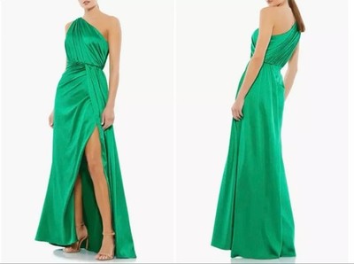 NWOT MAC DUGGAL 26654 GATHERED ONE SHOULDER SATIN FAUX WRAP EMERALD GOWN SZ 2