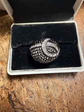 vintage TK316 signed black RHODIUM plate CRYSTAL rhinestones DOME ring Sz 7.5