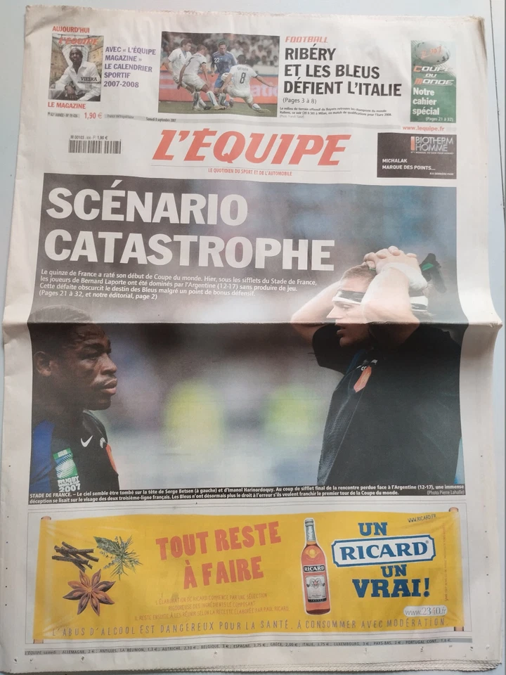 L'Equipe Journal du 8/09/2007; Coupe du monde de Rugby/ France-Italie; Ribéry - Photo 1/1