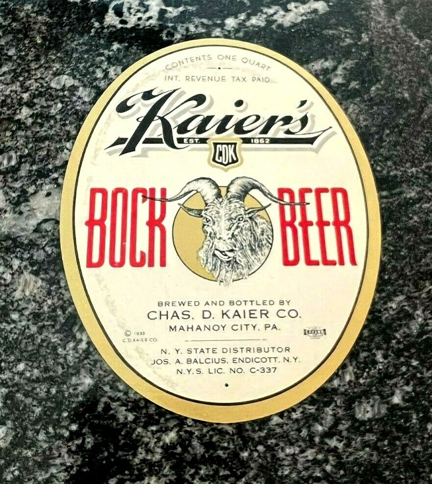IRTP KAIER'S BOCK BEER QUART BOTTLE LABEL KAIER BREWING CO MAHANOY CITY