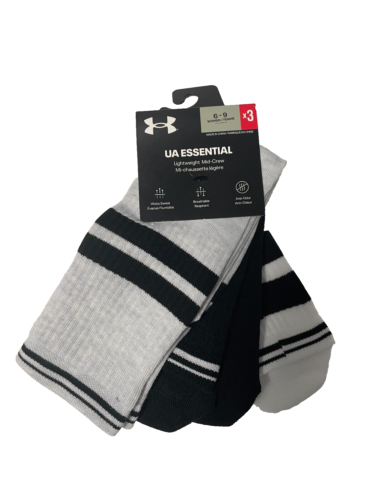 Under Armour Socks Womens Large 6 to 9 UA Essential Mid Crew 3 Pairs Grey Black - Picture 1 of 3