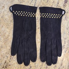 Vtg Women Sz S 6.5 Suede Black Gold Embroidered Geometric Formal Gloves 8.5"
