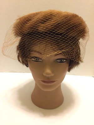 Vintage Brown Satin Pillbox Hat 50s Pillbox Hat Vintage Brown Mink Fur Satin Bow Velvet  main image 2