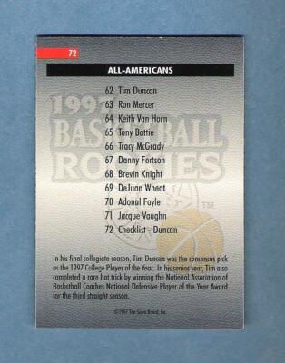 TIM DUNCAN 1997-98 Score Board Checklist 2 Rc #72 San Antonio 