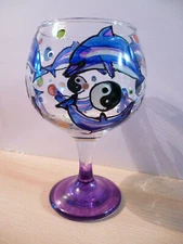 Decorated Hand Painted Dolphin YingYang Large Stemmed Gin Cocktail Glass