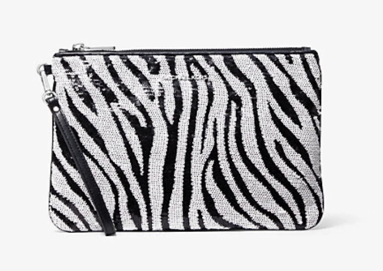 MICHAEL KORS Sequined Zip Pouch 11 X 8 Wristlet Black White Zebra Animal Print