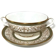 Minton ARAGON, Green Band Gold Scrolls, Cream Soup Bowl & Saucer