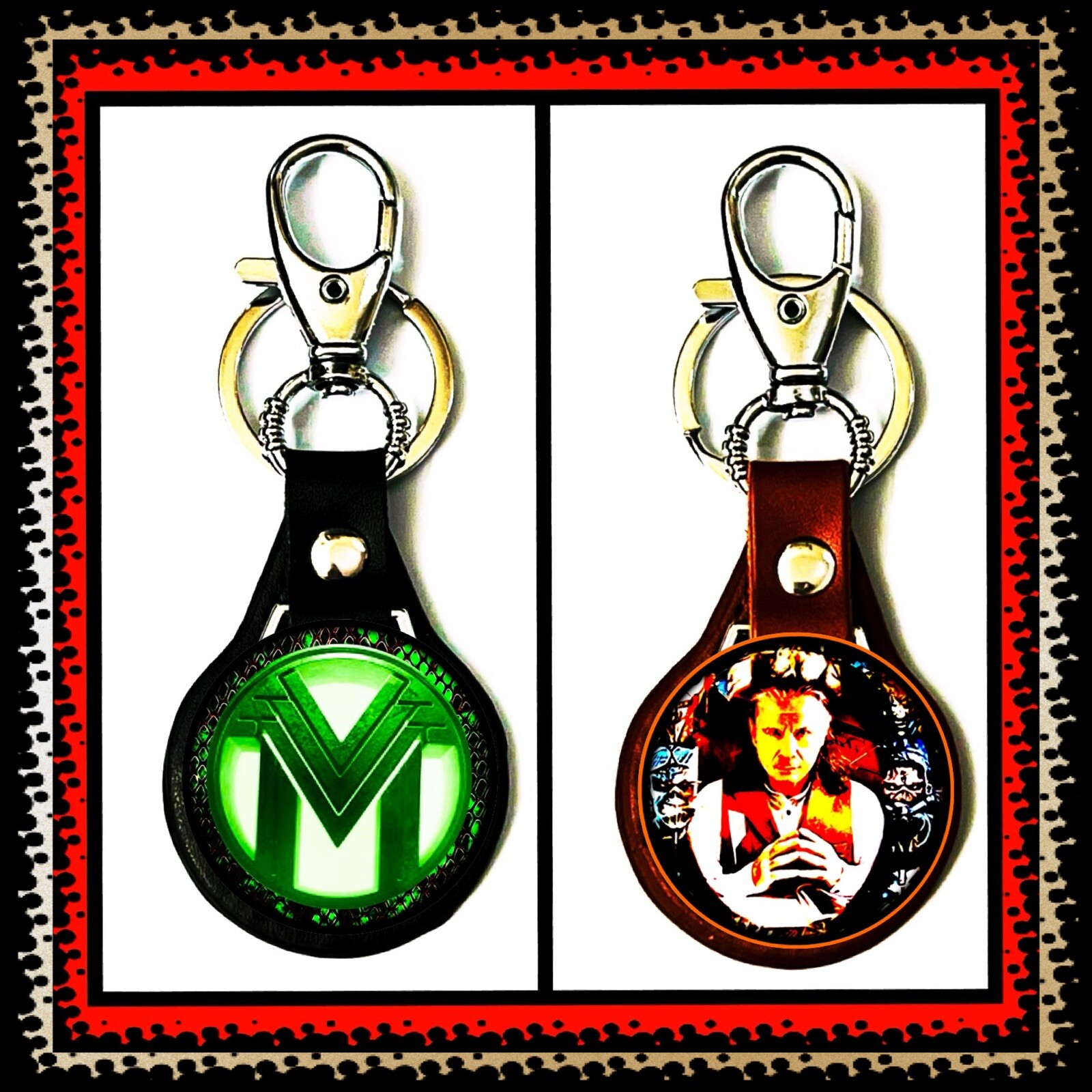 IRON MAIDEN BRUCE DICKINSON 🇬🇧MANY DOORS TO HELL 🇬🇧 TWO LEATHER KEYCHAINS