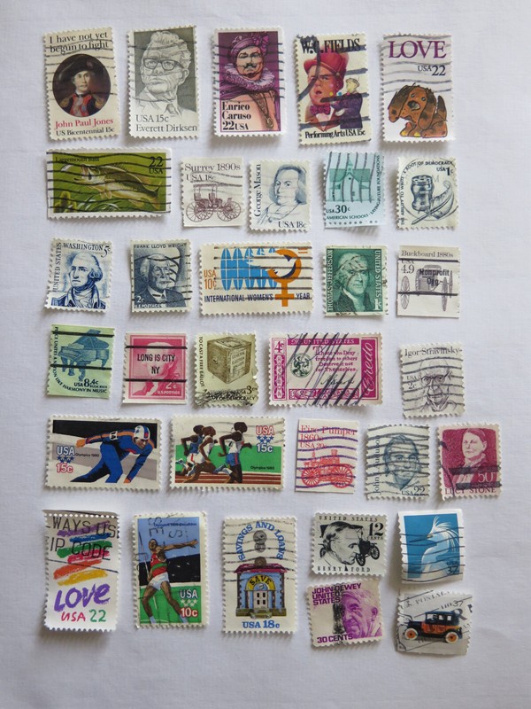 US used postage stamps, mostly 1970’s, lot, 106 stamps, 1 cent to 1 dollar