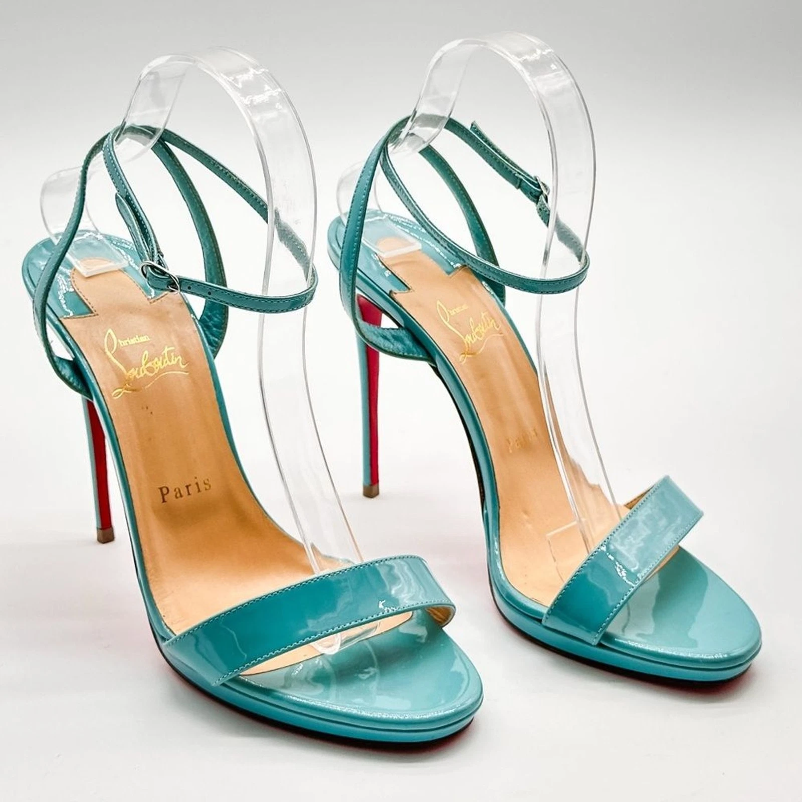 Christian Louboutin — Christian Louboutin Loubi Queen 120 Teal Patent Leather Strappy Sandals EU 39.5