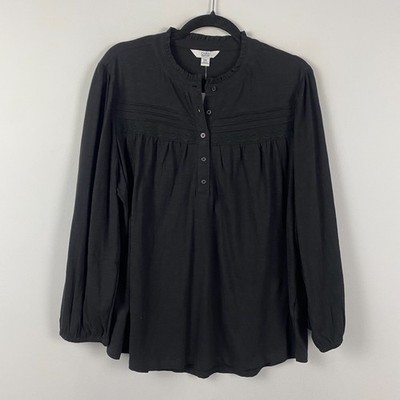 Croft & Barrow Blouse Size XXL Black Ruffle Neck Balloon Sleeve Lace Cotton