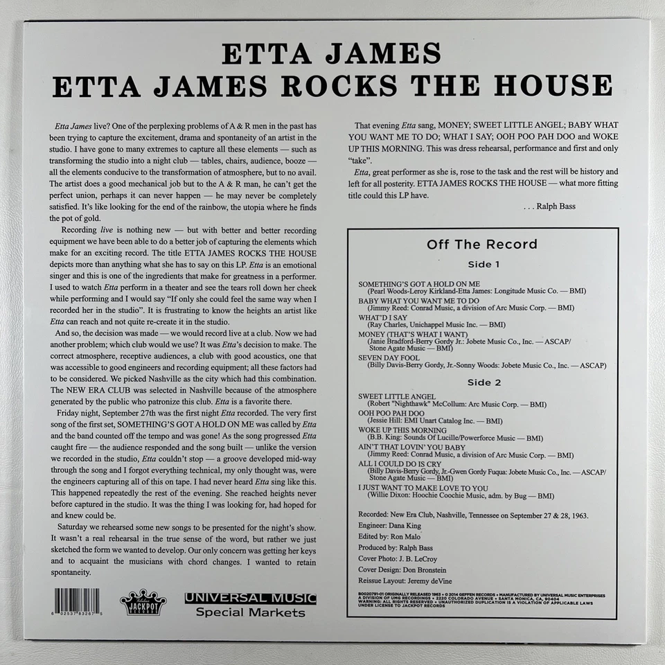 Etta James “Etta James Rocks The House (Live)” LP/Jackpot (EX) 2014 Blue Remast. - Image 2 of 4