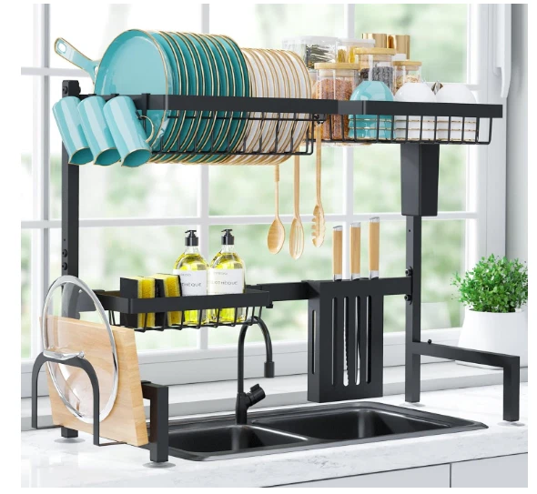 Escurridor ajustable de acero inoxidable de 2 niveles y gran capacidad con soporte Foto 3 de 4