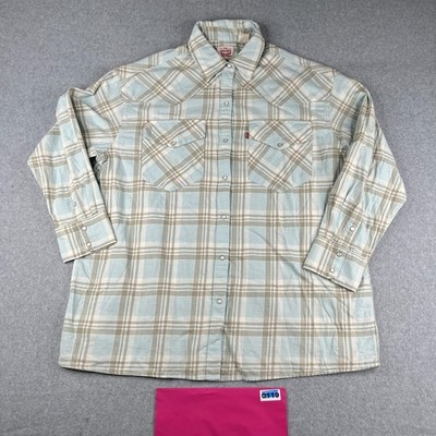 Levis Straus Shirt Medium Blue PLaid Western Peal Snap Button Up Long Sleeve Men
