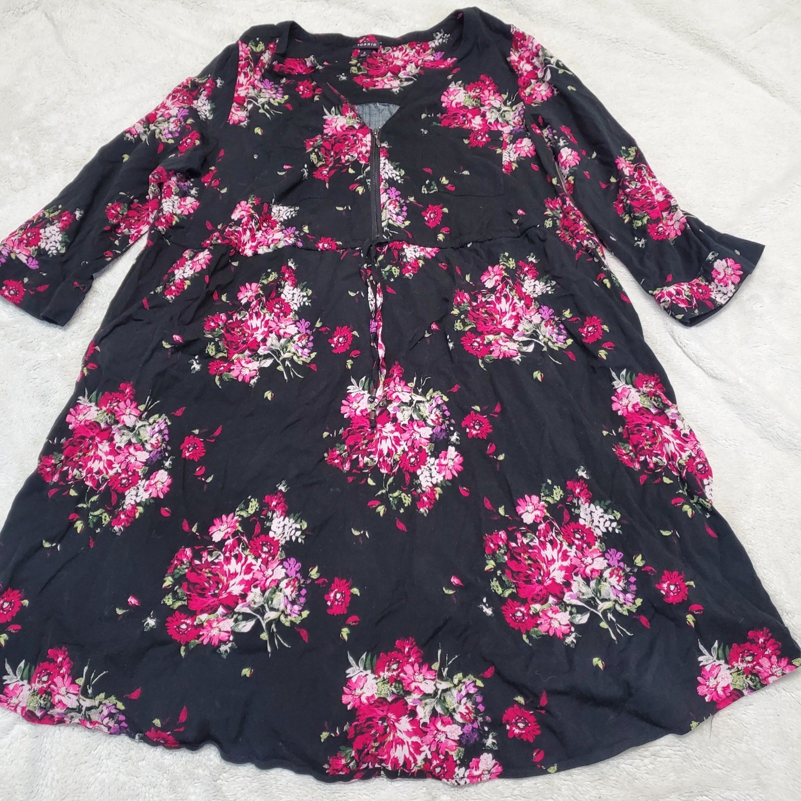 Torrid Black Pink Floral 3/4 Sleeve Shirt Dress 2 2x Romantic Feminine Flowy