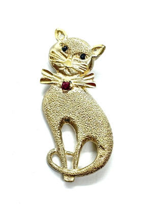 Vintage Sterling Silber Rubin & Saphir Katze Brosche