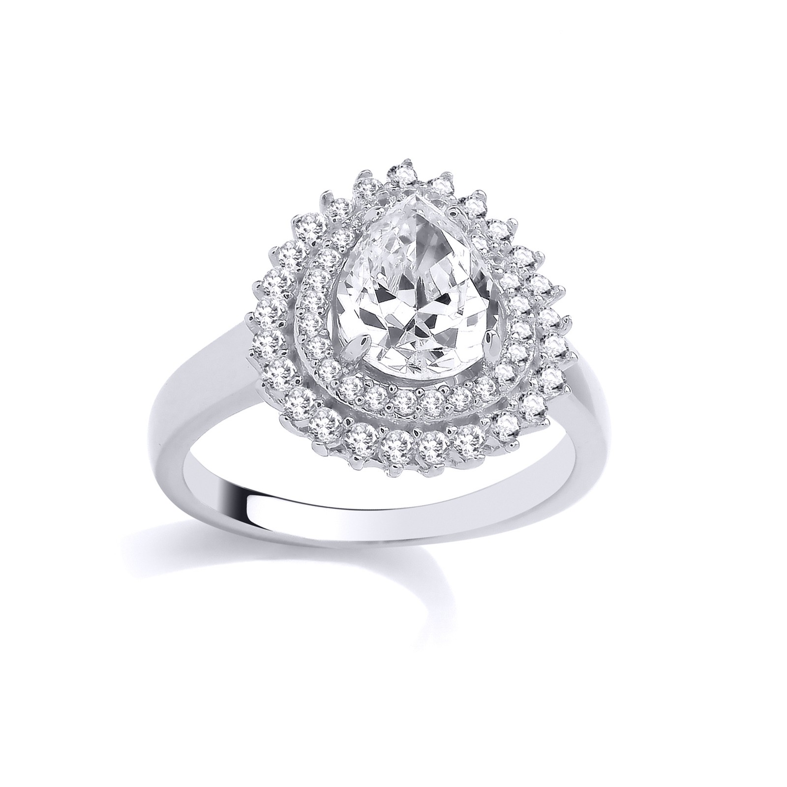 Silver Jewelco London Pear CZ Halo Solitaire Ring with Double Teardrop Cluster
