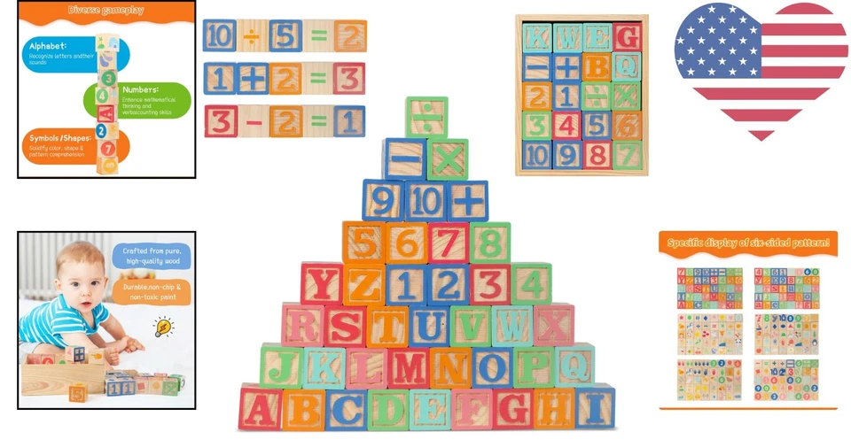 Bloques de alfabeto y números de madera seguros y duraderos con almacenamiento para niños de 1 a 3 años Foto 2 de 4