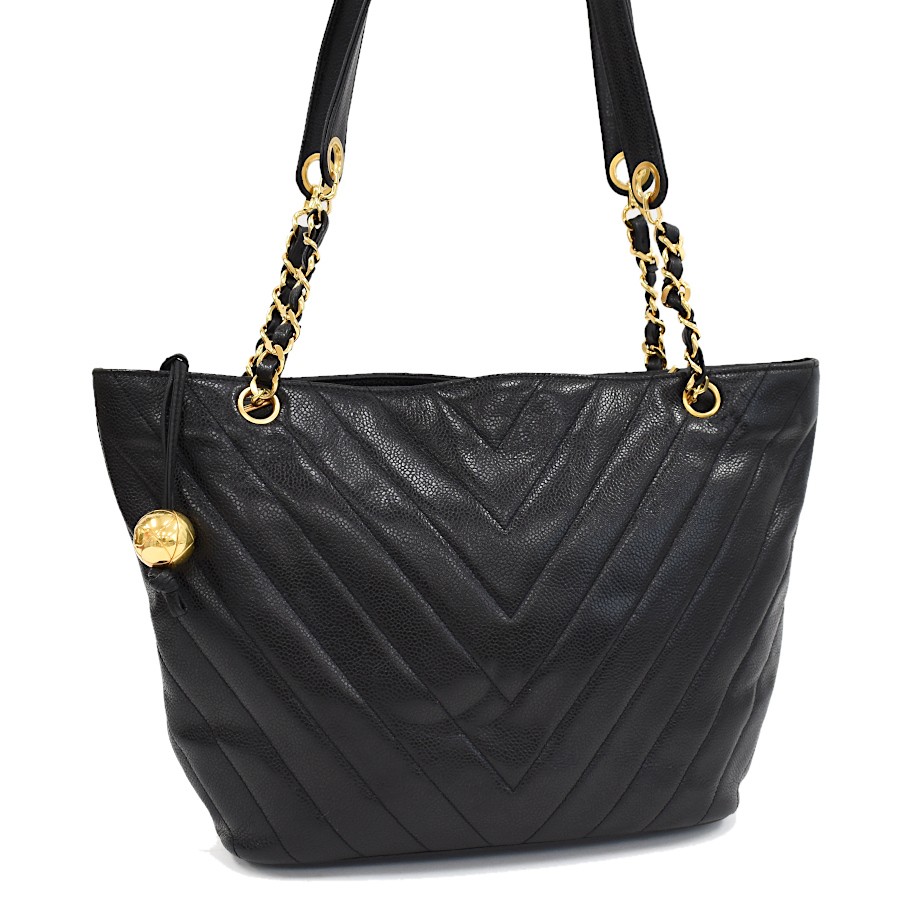 CHANEL Black Caviar Leather V Stitch Tote Bag with Gold Chain Shoulder Strap