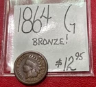 1864 Indian Head Cent Penny Coin (G) Good Condition. “Bronze” ENN Coins