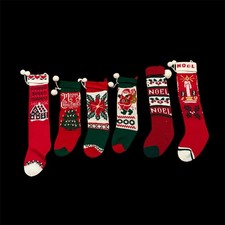 Vintage Christmas Stocking Lot Knit Red Green Santa Noel Poinsettia Tree Candle