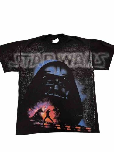 Vintage 1996 Star Wars AOP Movie Promo Shirt. Size YOUTH LARGE  USA Graphics - Afbeelding 1 van 8
