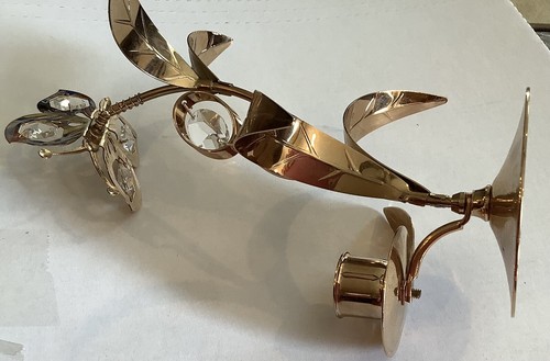 24 Karat Gold Plate Austrian Crystal Butterfly Flower Candle Holder. 7" Tall - Picture 10 of 10