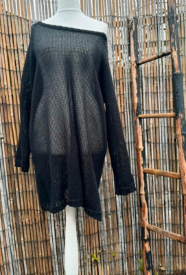 Elli Designer 100 % Leinen schwarz Netz Strick Oversize Lagenlook Slouch Pullover Oberteil XL 