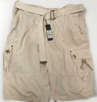 Galaxy by Harvic Men's Belted 100% Cotton Utility Cargo Shorts-off White $68
