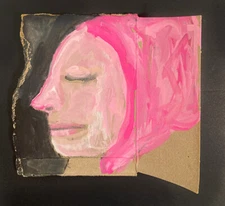 Outsider Art Woman Naive Primitive Portrait Painting Pink Lady Art Original