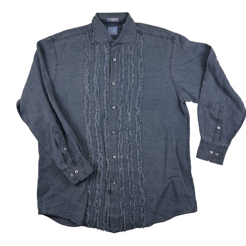 vluxe by Lucky Nahum Shirt Mens Large Linen Blue Gray Distressed Long Sleeve