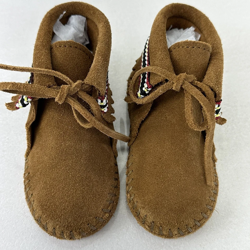 Minnetonka Moccasins Suede Braid Bootie Brown Infant Size 6 Western Leather 1102 - Image 3 of 4