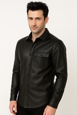 Men's Black Genuine Lambskin Leather Shirt Motorcycle Jacket - Biker Slim Shirt