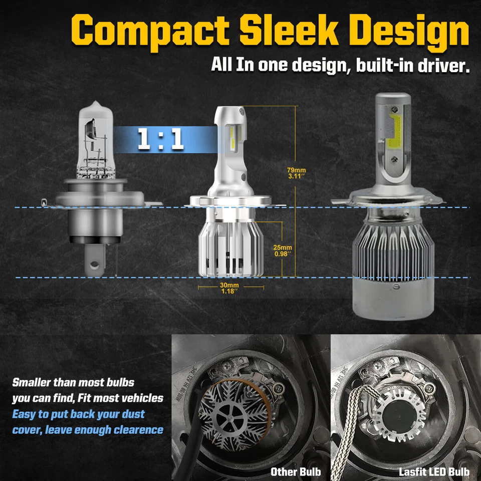 Kit de conversión de bombillas de faros LED Lasfit H4 HB2 9003 haz doble alto bajo 6000K Foto 3 de 4
