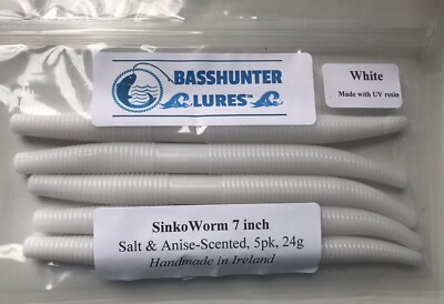 Bass Hunter Lures Sinko Worm 7 Inch In White 24g  Scented UV Bass Lure 6 Pack SP