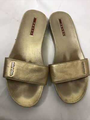 Prada Logo GOLD Saffiano Leather Slide Sandal Flat Shoes 37 / 6.5