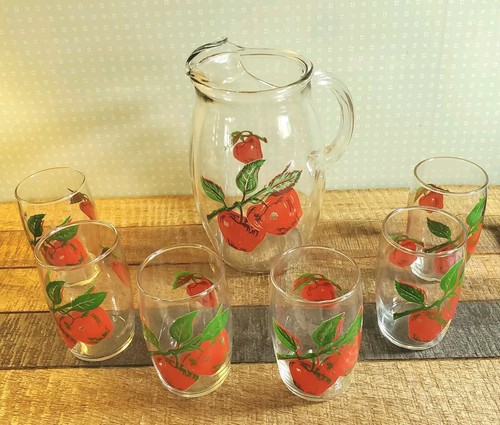 Vintage Lot Of 6 Apple Cider Juice Glasses & Lipped Pitcher Set Hand Painted MCM - Picture 2 of 7