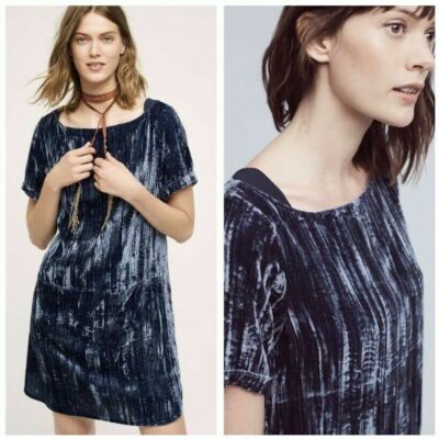 Floreat Anthropologie Crushed Velvet Shift Dress Pockets Blue H12972-M |  eBay