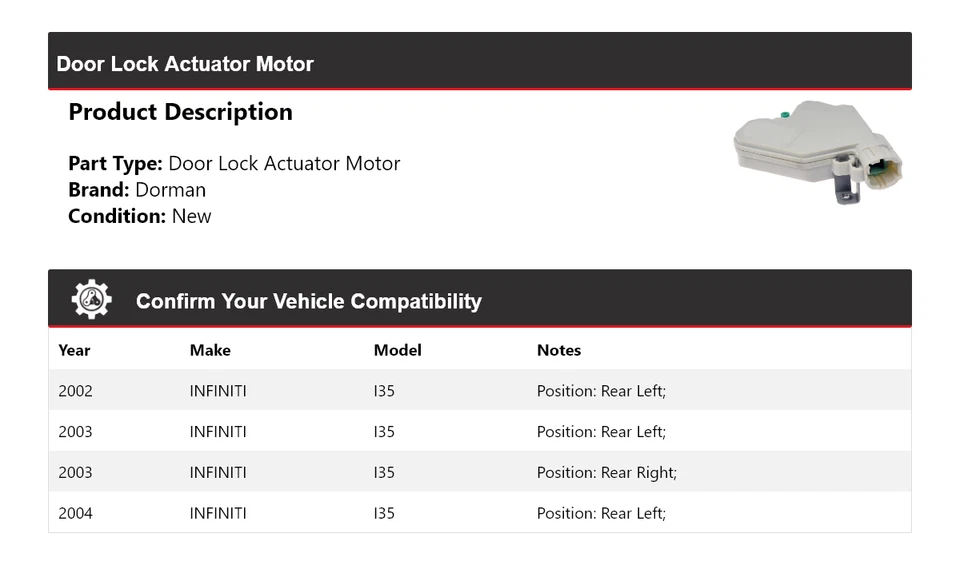 Двигатель привода дверного замка Dorman для INFINITI I35 2002-2004 годов выпуска 2003 - Изображение 2 из 4