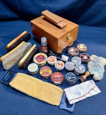 Vtg Shoe Shine Box Polish Cream Brush Lot Meltonian KIWI Cavalier Leather Care