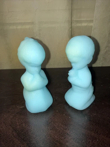 Fenton Art Glass Blue Satin Vintage Praying Boy & Girl Figurines