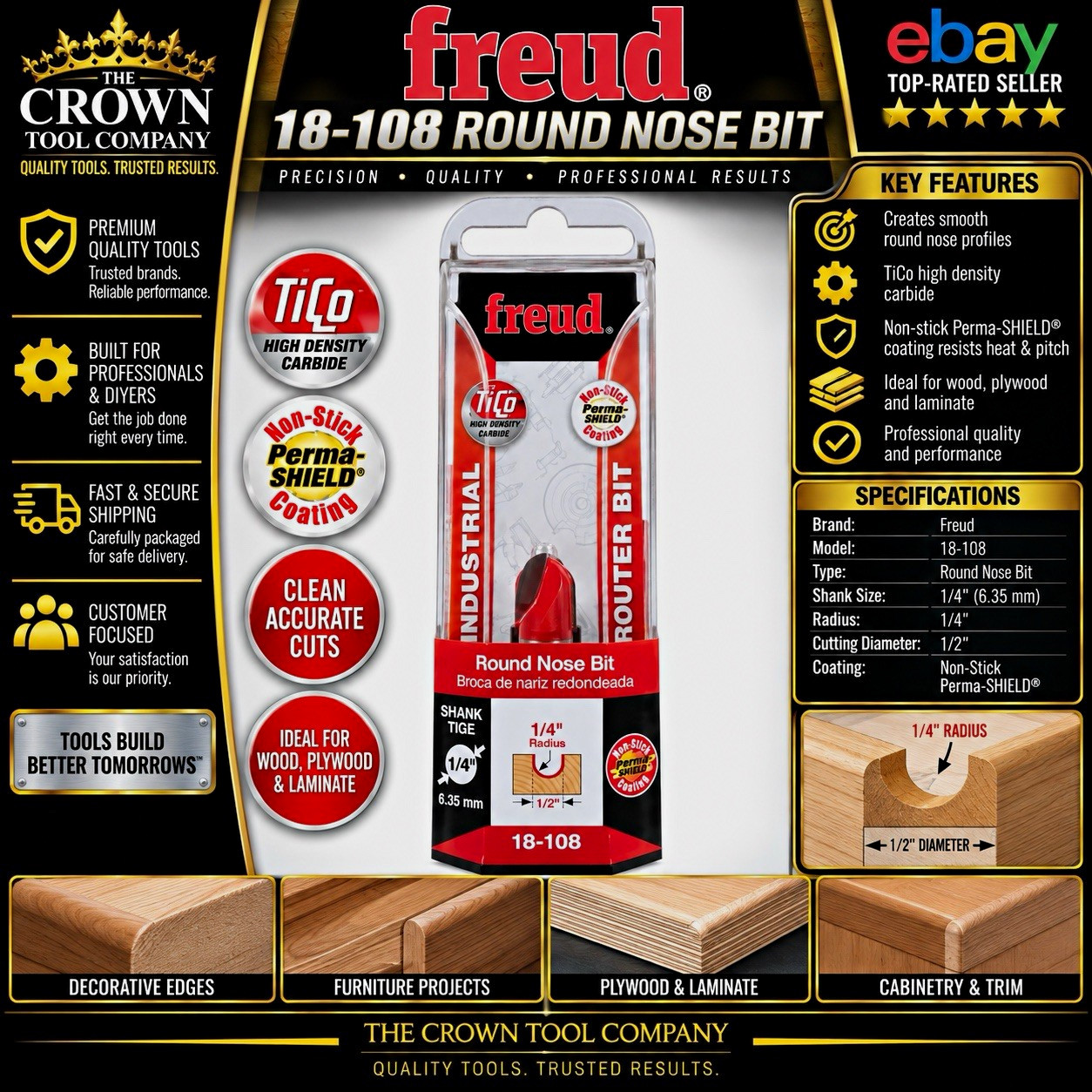 Freud 18-108 Round Nose Router Bit Carbide 1/4