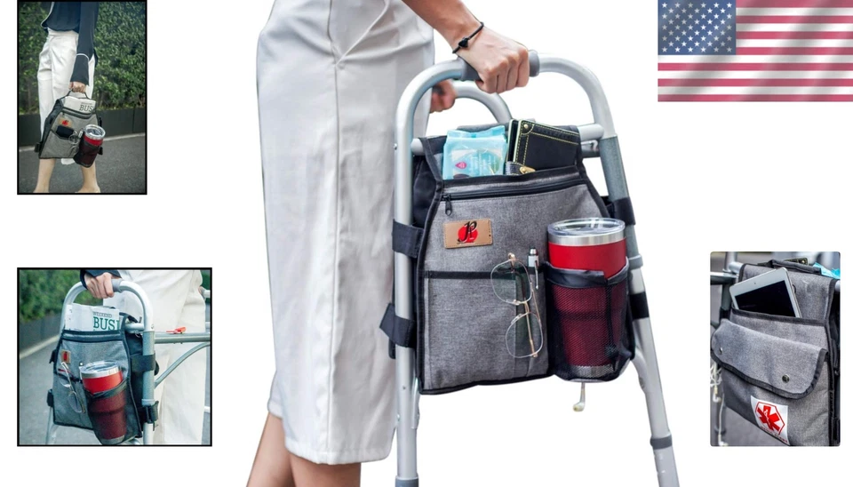 Bolsa de fixação compacta cinza para andador com organizador acolchoado e alça fácil de transportar - Imagem 2 de 4