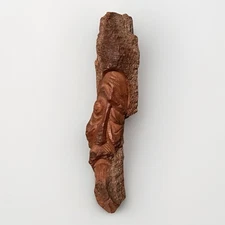 1986 Vintage Hand Carved Wood Live Edge Old Man Face Tree Bark Log Sculpture EUC