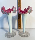 Pair Vintage Fenton Silver Crest Milk Glass Trumpet Vases Ruffled Cranberry/Pink