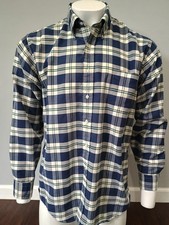 L.L. Bean Sz 17.5 36 Blue Green White Button Down Single Needle Cotton Shirt