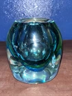 FLAVIO POLI SEGUSO Murano Sommerso Art Glass Cut Facet Cased Vase 5” Blue Green
